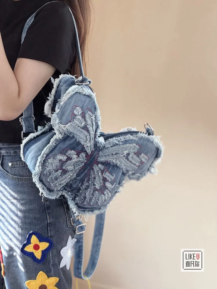 

Korean Embroidered Butterfly Literary Denim Women's Shoulder Bags Niche Design Crossbody Tote Bag Fashionable Versatile Backpack
