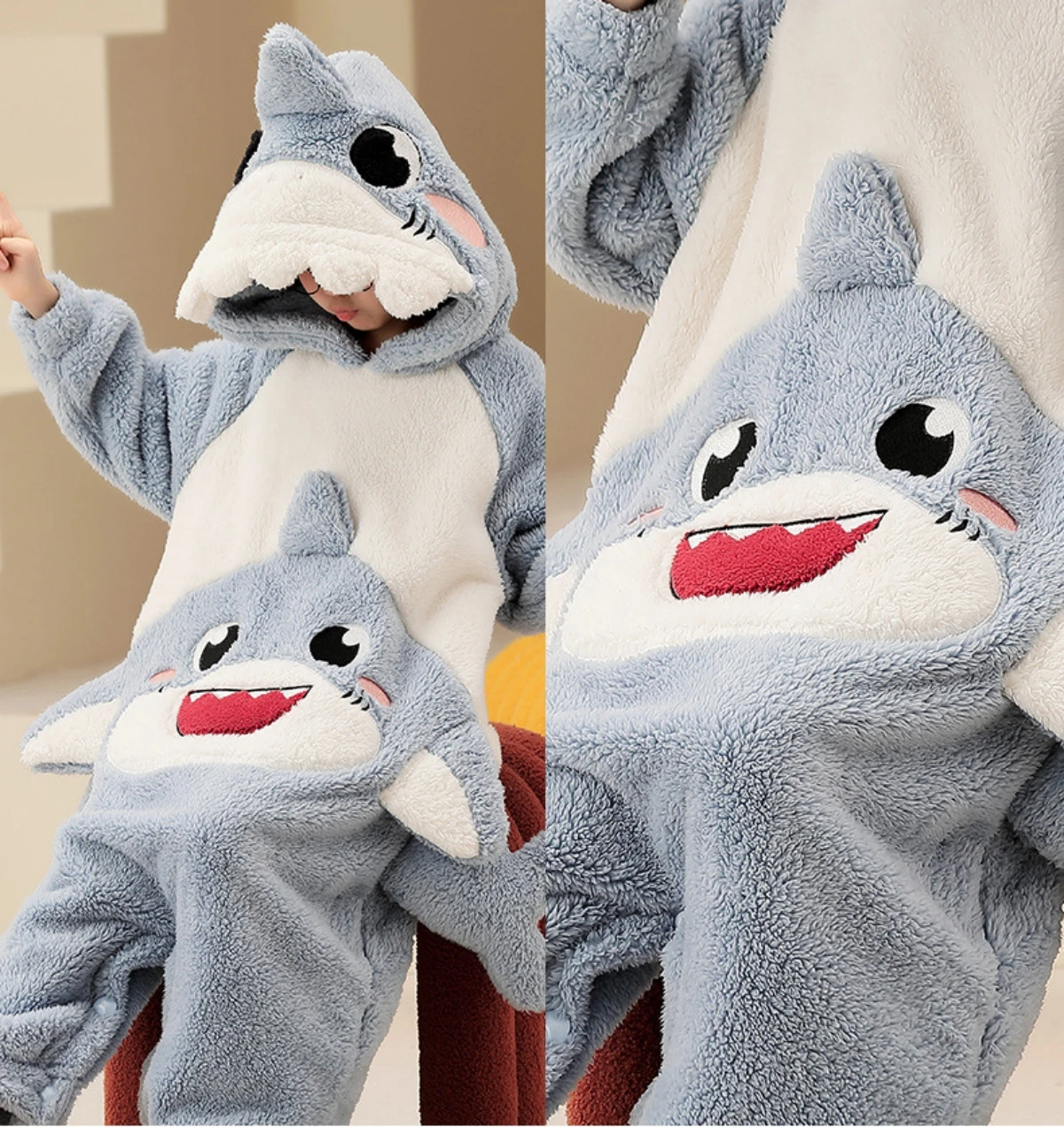 Unisex Kids Shark Animal Costume Cute Hooded One Piece Plush Pajamas Jumpsuit for Christmas Winter Sleepwear