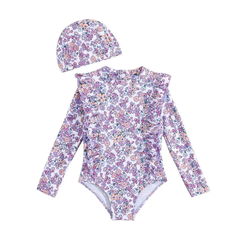 Costumi da bagno interi a maniche lunghe con protezione UV per bambini da 2 a 8 anni Costumi da bagno per ragazze Costumi da bagno estivi con cappello da bagno