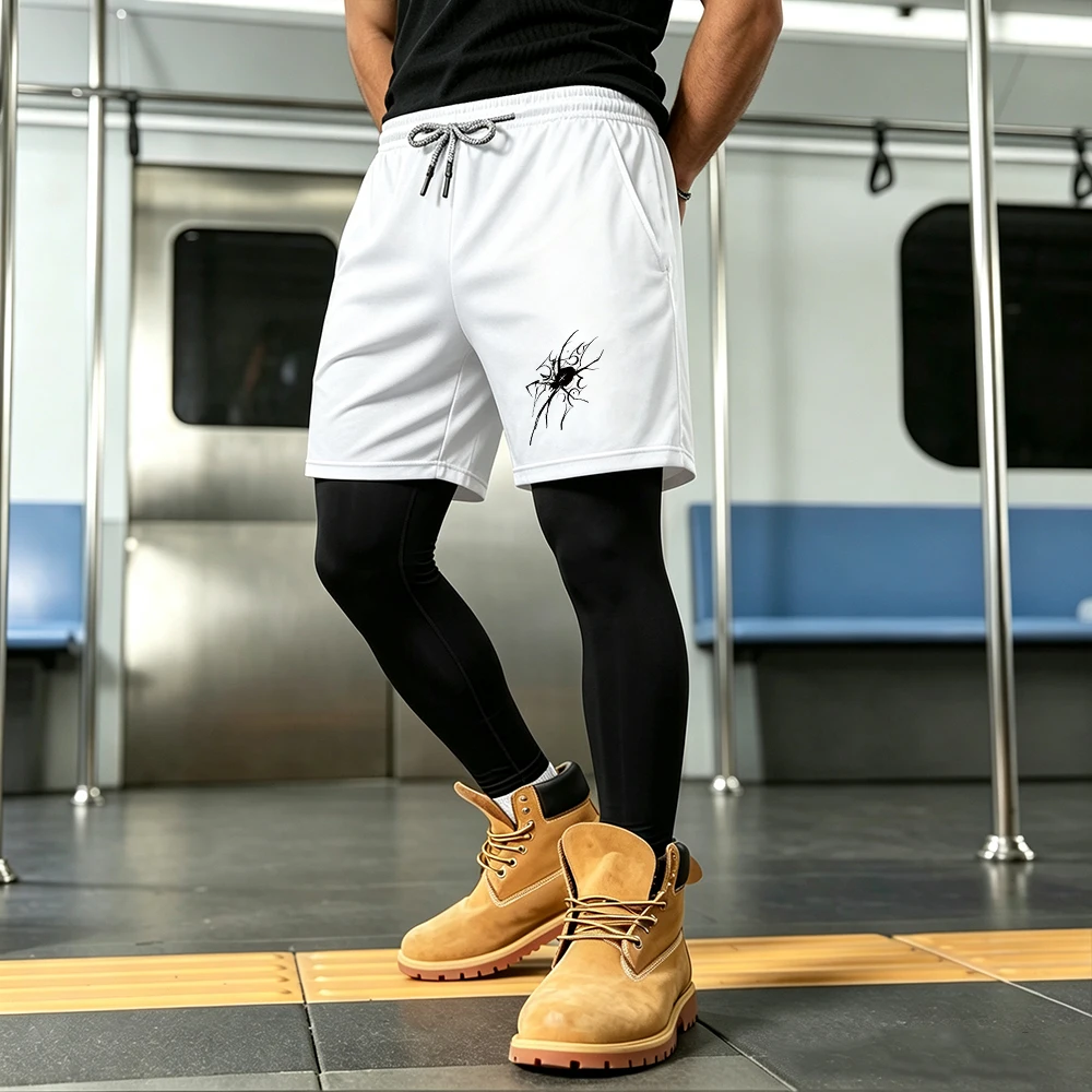 Men's Double Layer Sports Athletic Running Pants Graffiti Spider Print With Towel Ring Outer Shorts Tights Long Trousers Liner