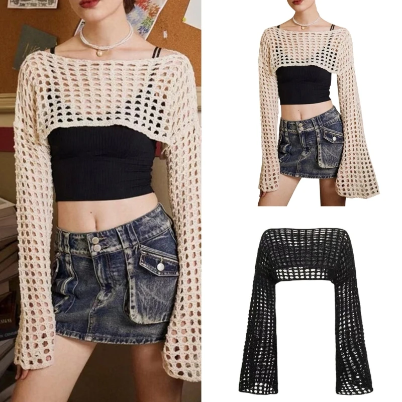 Womens Crochet Knit Crop Top Pullover Sweater Long Sleeve Hollow-Out Y2k Shirt