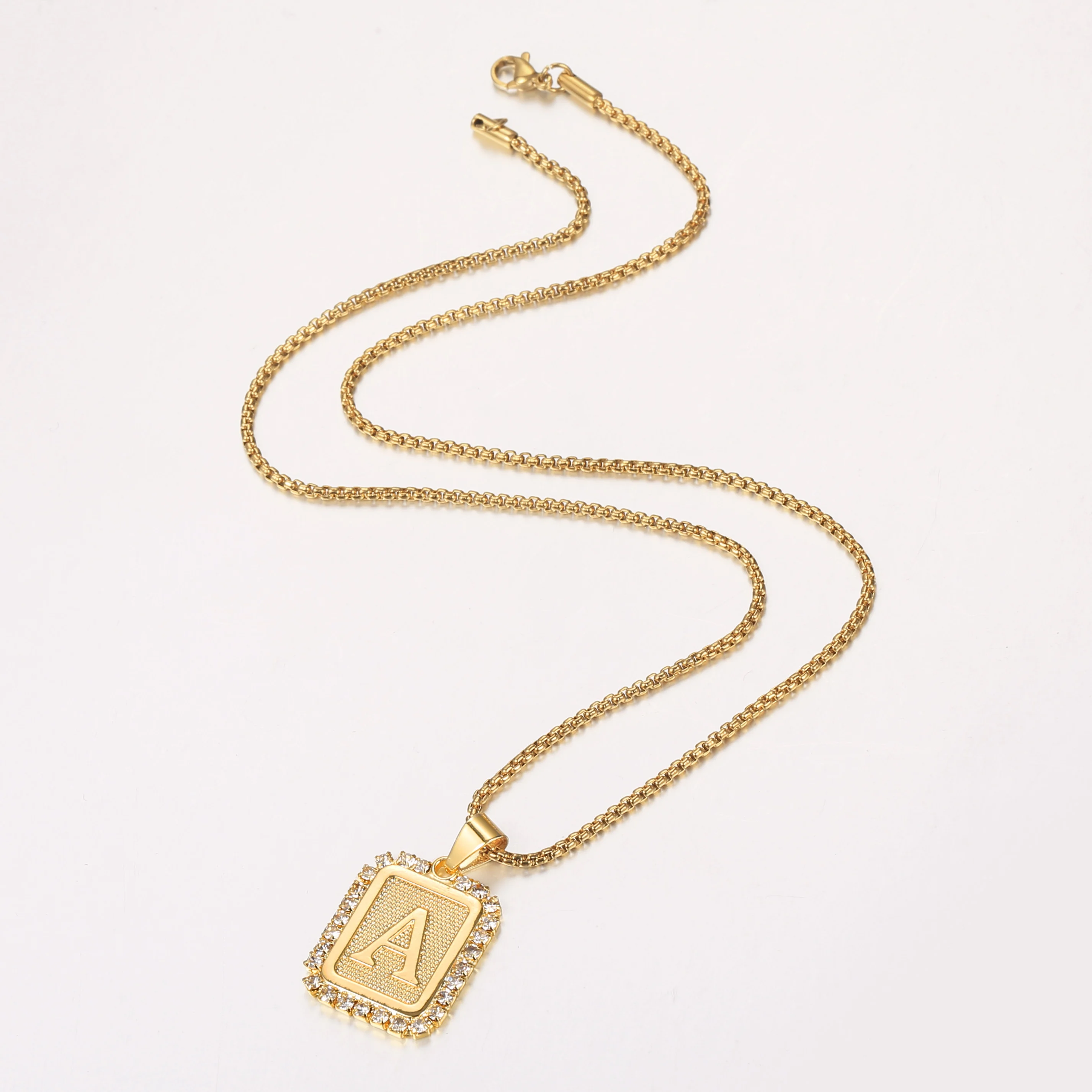 

Gold Tone Initial Pendant Necklace For Women Mens Gold Color CZ Alphabet Square Pendant Rolo Box Chain Necklace Gifts LGP441