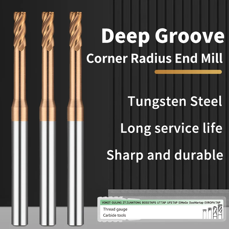 GULING HRC56 Micro Corner Radius End Mill Long Neck 1~3mm Mini Carbide CNC Cutting Deep Groove Corner Roughing Tool 3/4 Flute