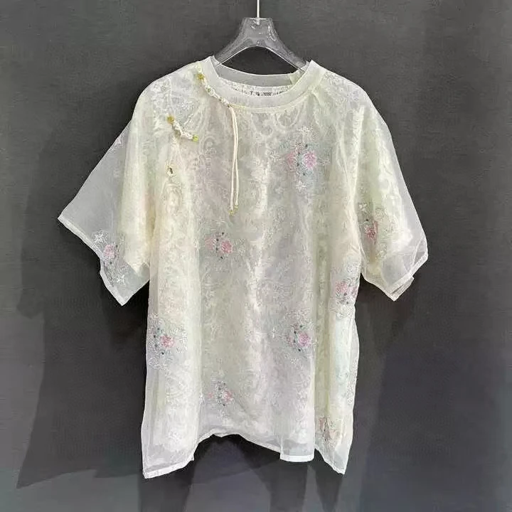 

New Chinese Style Diagonal Double Breasted Lace + Organza Embroidered Shirt Women's 2024 Summer O-Neck Loose Top M-XL