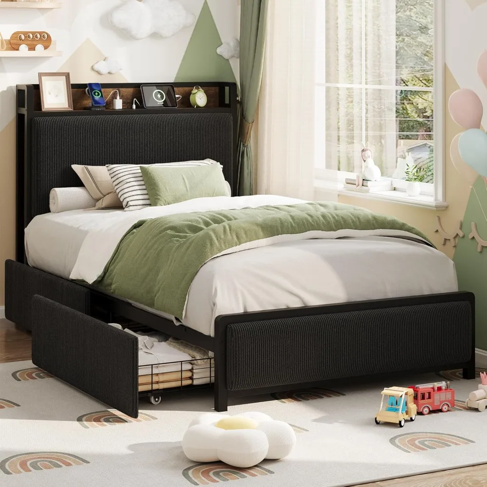 GAOMON Twin Size Bed Frame with 2 Storage Drawers and Charging Station, Rustic Velvet Upholstered Platform Bedframe with Storage