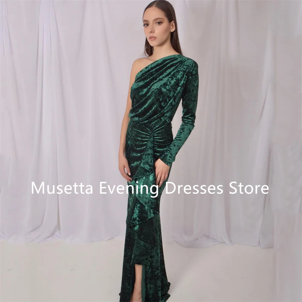 Musetta One Shoulder Velvet Long Sleeves Prom Dress High Slit Floor Length Ruffles Formal Party Sheath Evening Gown Customized