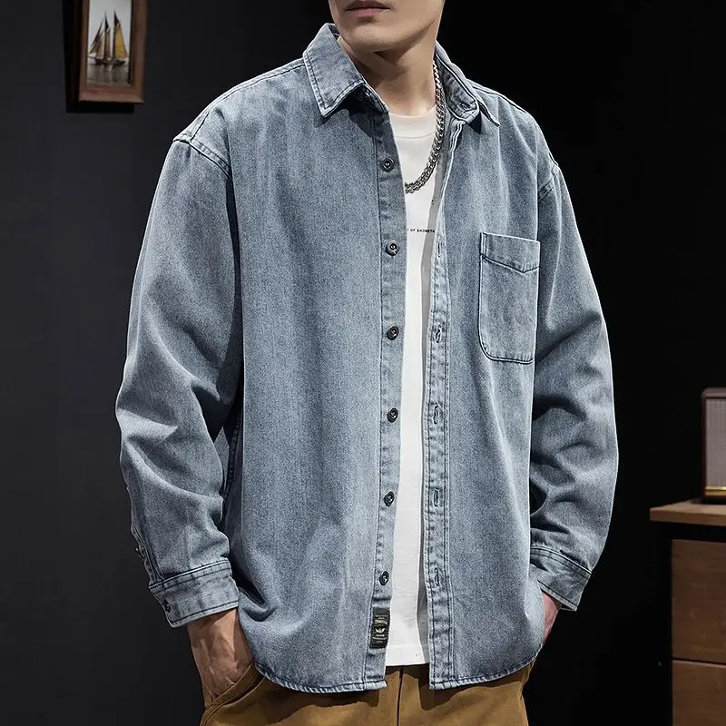 Denim Shirt Men's Retro New Casual Work Jacket Spring and Autumn Blue Long-sleeved Clothes