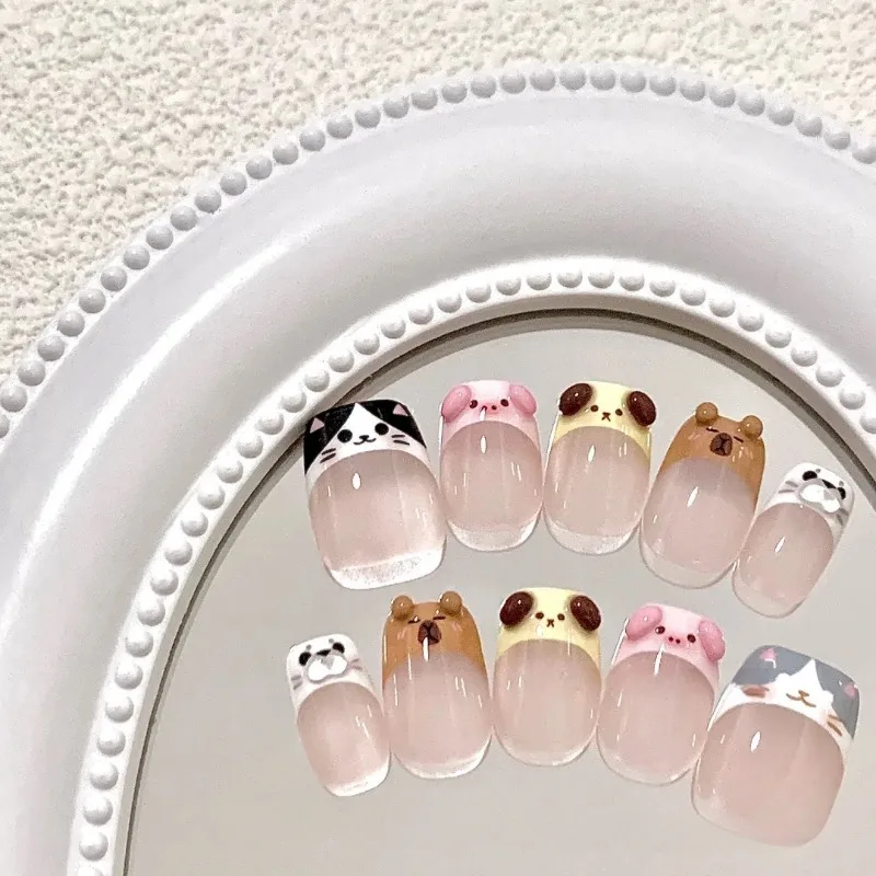 

Handmade False Nails Press on Cat Dog Press on Nails Acrylic Women French Short Cute Fake Nails with Design with Box and Tools