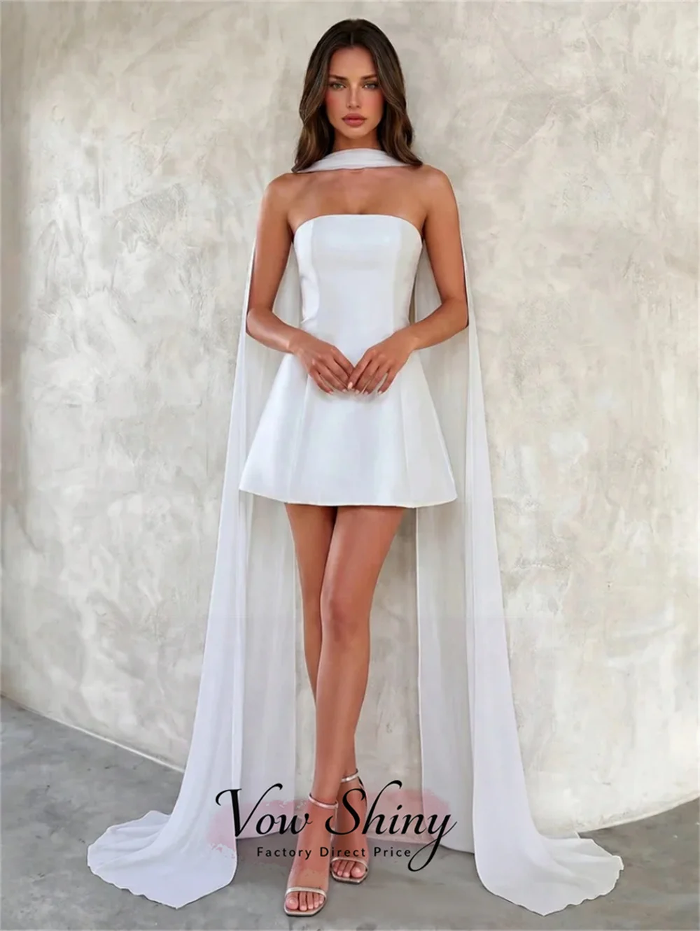 Vow Shiny Modern Strapless Satin Mini Wedding Dresses  A-Line With Shawl Civil Wedding Dress Customized Wedding Party Dress