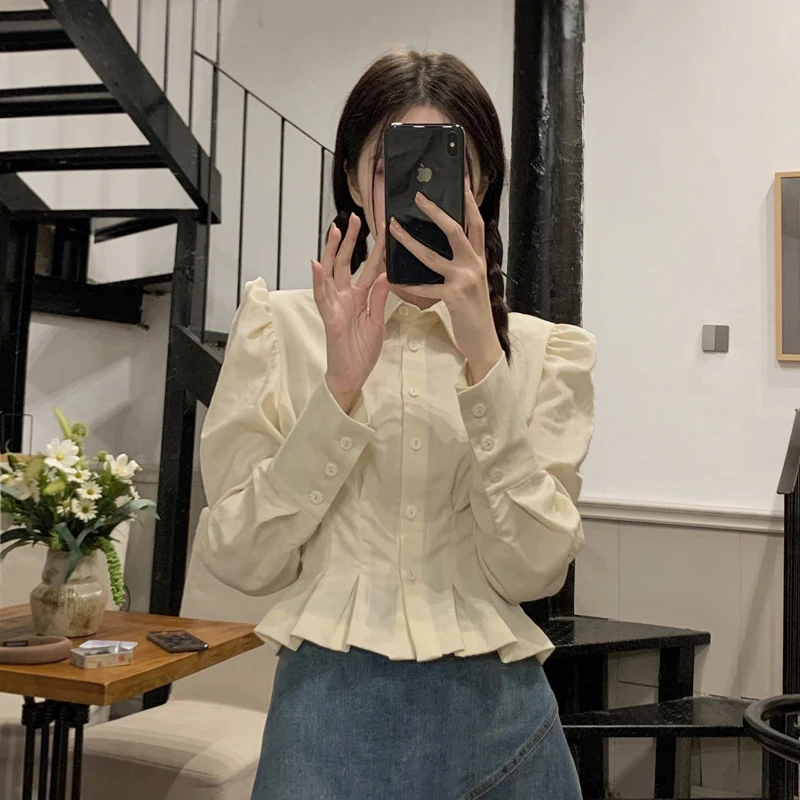 Y2K Folds Slim Women Shirts Korean Retro Elegant Chic Long Sleeve Female Blouse Autumn Preppy Style Ladies Casual Crop Tops