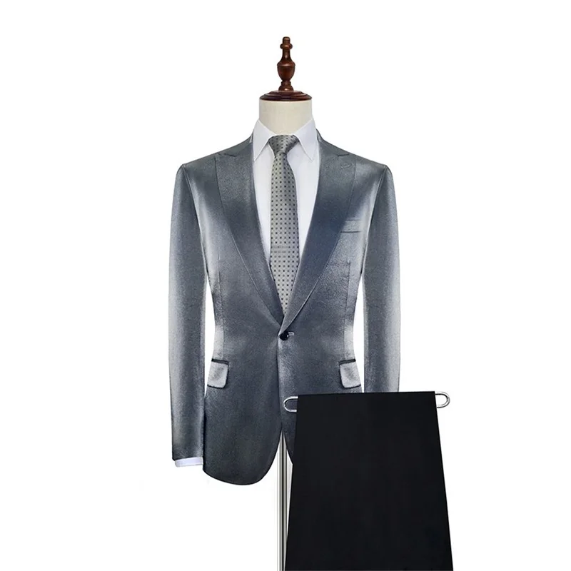 Velvet Men Suits Set Formal Silver Groom Tuxedo 2 Pcs Blazer+Black Pants Custom Made Business Office Party Jacket Male Coat