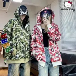 Hello Kittys Hooded Jacket Y2K Sanrioed Cartoon Anime Spring Winter Cotton Camouflage Coat Hip Hop Men Women Casual Loose Tops