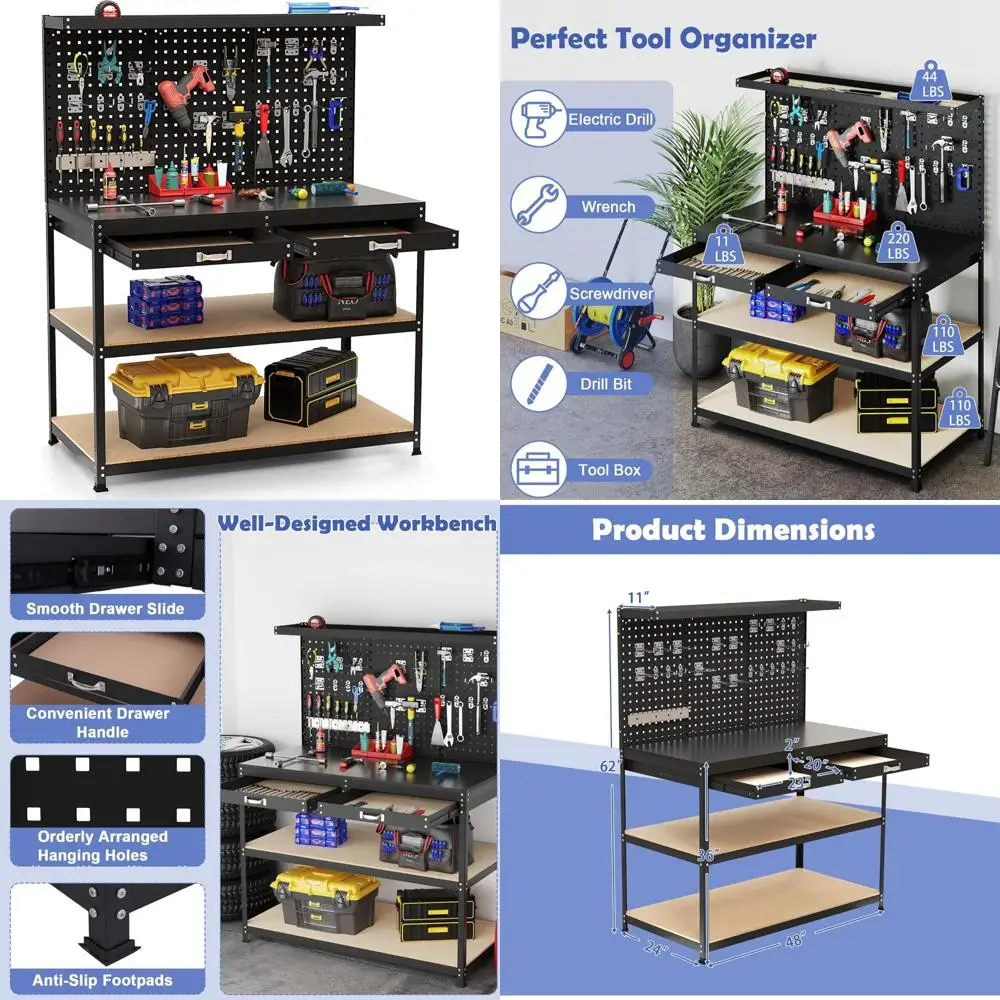 Banco de trabajo resistente de 48 x 24 con cajones, tablero perforado, estantes de almacenamiento, accesorios para colgar, capacidad de 506 libras