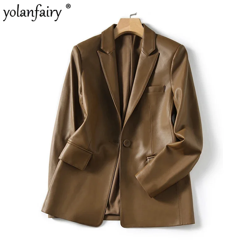 Natural Sheepskin Coat Blazer Mujer Single Button Suit Collar Chic and Elegant Woman Jacket Slim Camel Real Leather Topscoat FCY