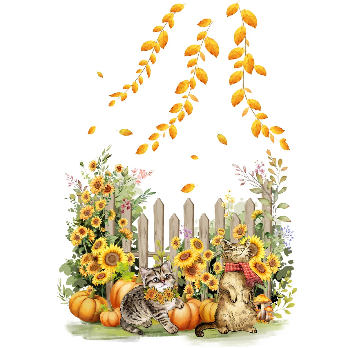 Golden Tree Leaves Wall Decal Sunflowers Fence Cat Pumpkin Double Visual Self-adhesive Stickers Window Glass Decor Art Mural