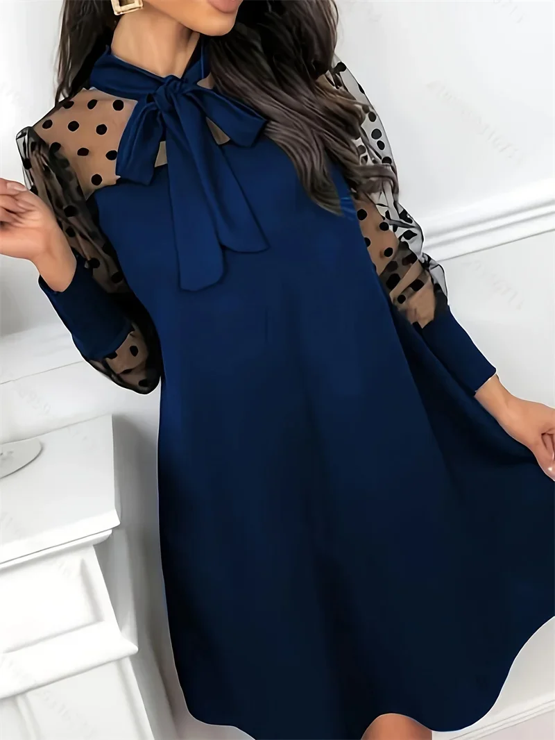 2025 New European Small Perfume Style In The Dress Tie Head Bow Solid Color Mesh Long-sleeved Dress Simple Style Fashion Dresses