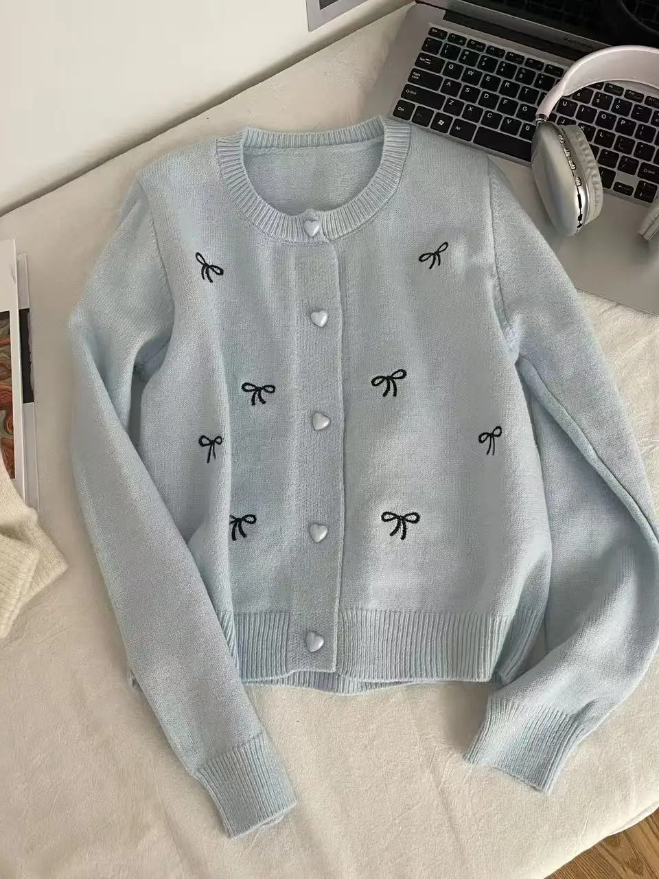 Blue Knitted round Ne Open Cardigan ort Spring Autumn Knot Design Sweater Commute Sle Loose Fit Mixed Fabric