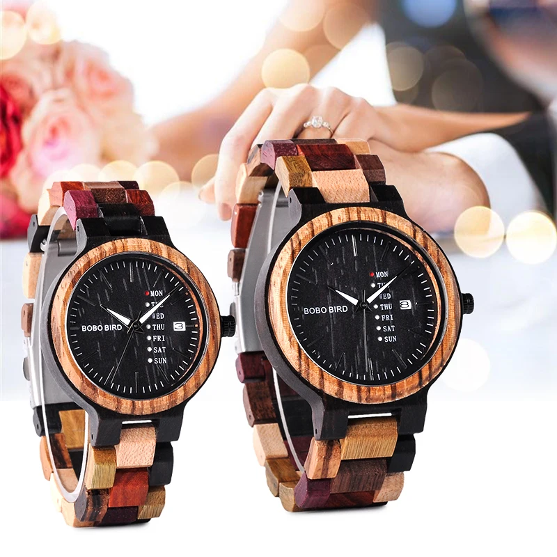 BOBO BIRD Couple Watches Wood Quartz Wristwatch Week Date Timepiece Luminous Display Colorful Wooden Band Wedding Gift Watch