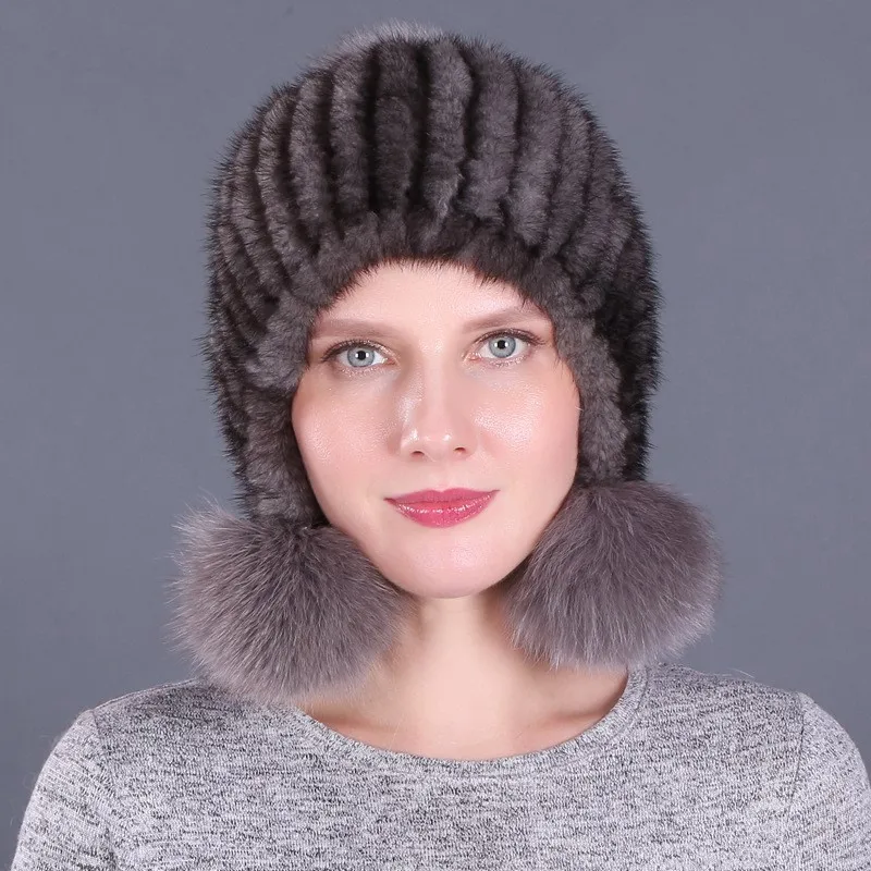 Fur hat for women three balls of thickened ear warm adults