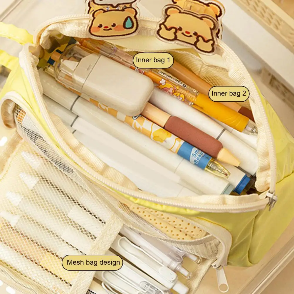Tear-resistant Pencil Case Multifunctional Pen Pouch Capacity Cartoon Bear Pattern Pencil Case with Zipper for Organization