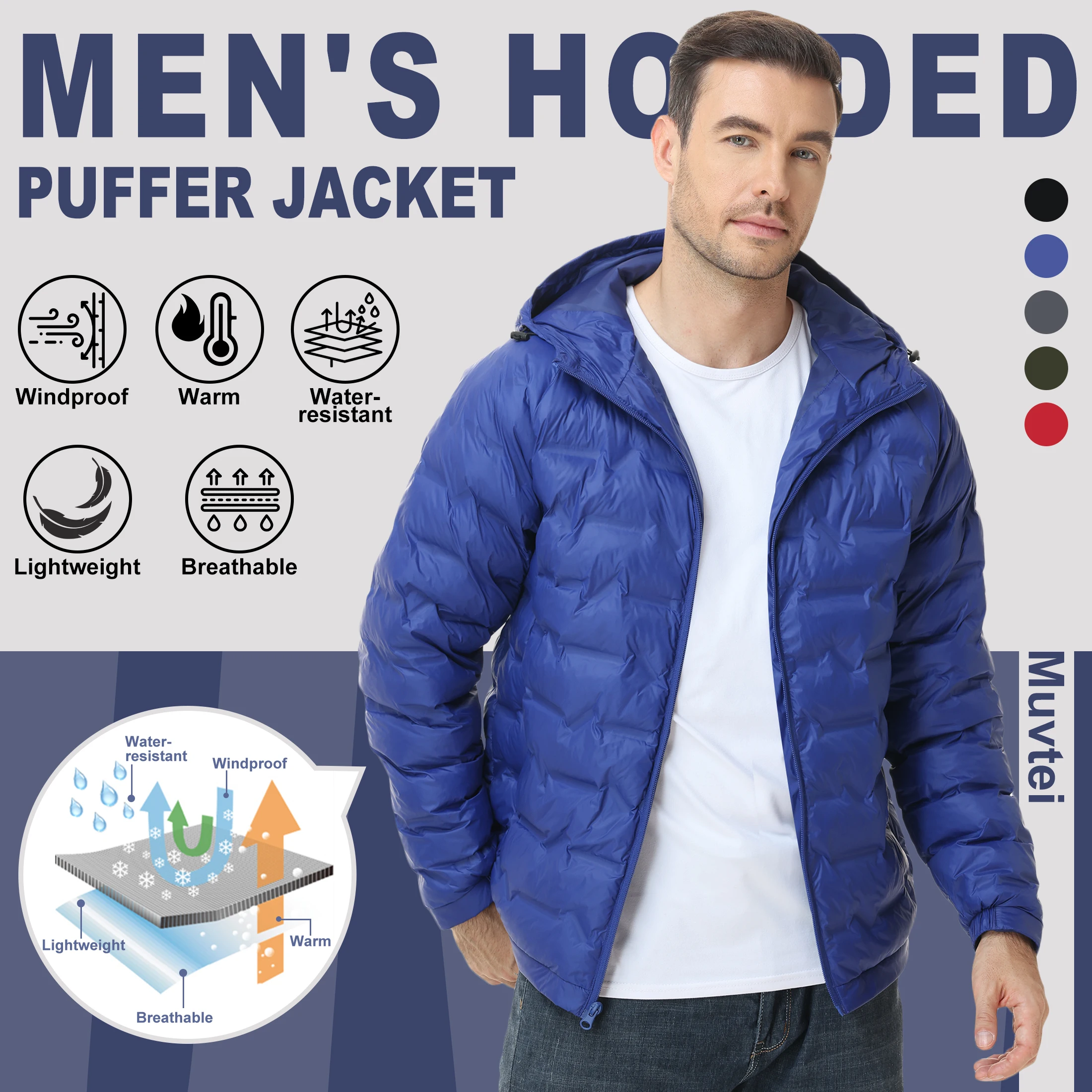 Winter Men's Puffer Jacket with Hooded, Quilted Warm Water Resistant Ripstop Down Puffy Coat for Outdoor Camping Ski Hiking