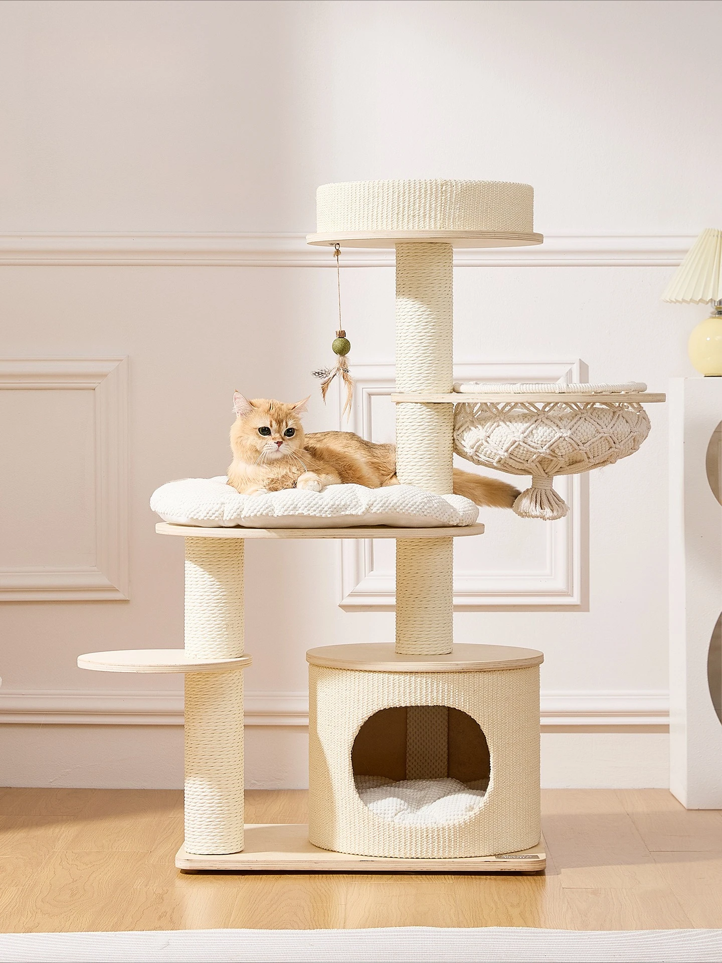 

Multi-Level Wooden Cat Tree, Large Cat Tower with Sisal Posts, Bed & Hammock