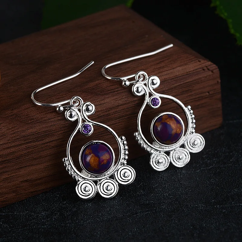 New Exotic Rotating Charoite Drop Earrings For Women 925 Sterling Silver Fashion Purple Turquoise Dangle Ear Jewelry