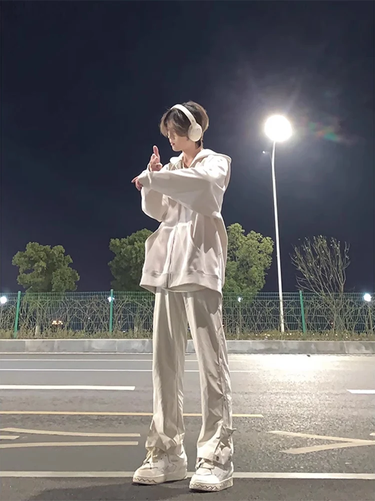 

Vibe Sle Men's American High Street Button Work Pants Trendy Functional Jaet Flared Pants Casual Straight Leg Trousers