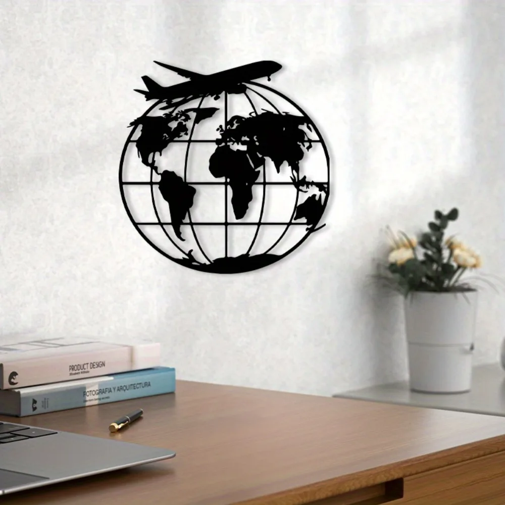 CIFBUY Vintage World Map Metal Wall Art, Powder-Coated Aviation Decor, Globe with Continent Outlines, Pilot Gift for Living Room