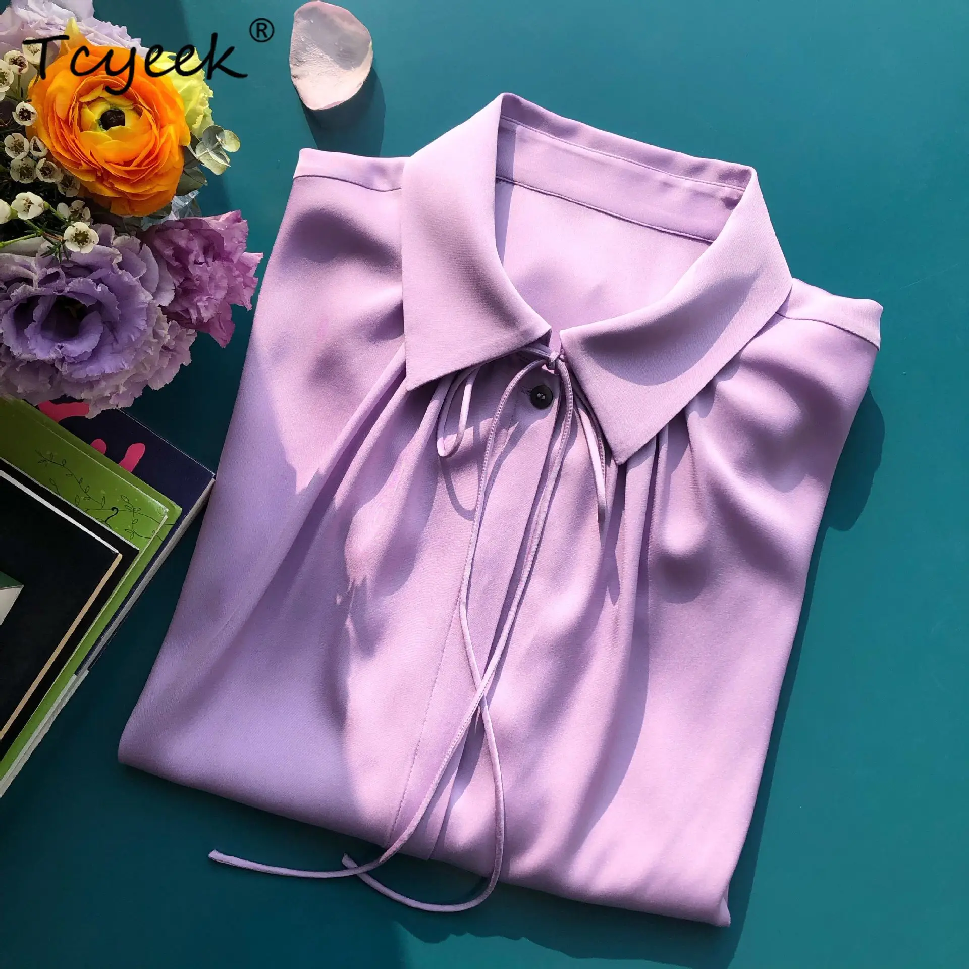 Tcyeek, elegancka koszula damska, długi rękaw typu latarnia, luźna bluzka codzienna, 95% jedwab, 5% spandex, kolekcja wiosna-jesień 2024 T4N932JC