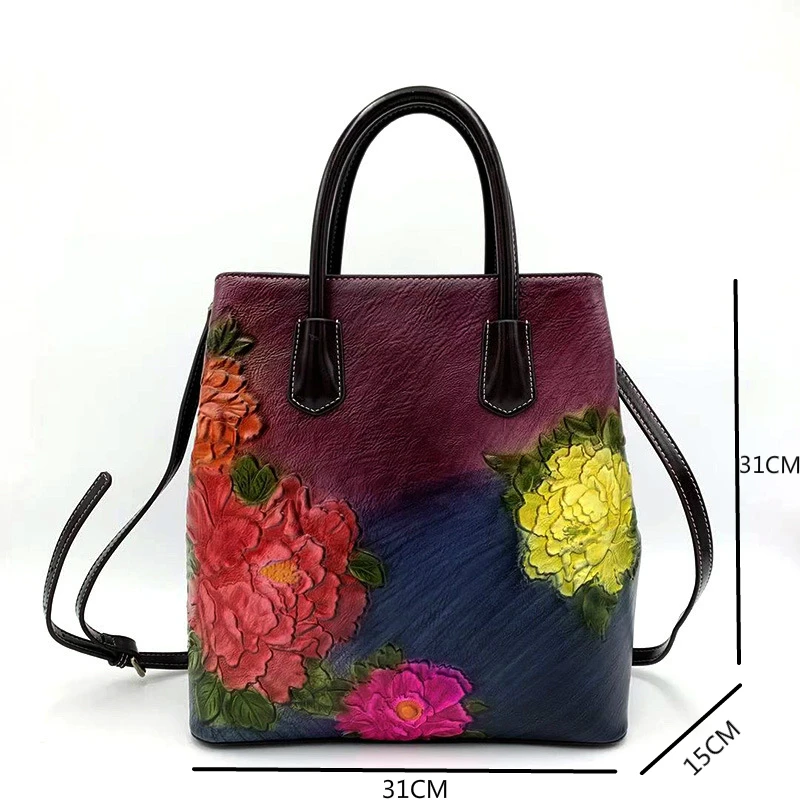 Motaora Retro Vrouwen Tas Vintage Emmer Schoudertassen Voor Vrouwen 2024 Nieuwe Handgemaakte Reliëf Lederen Handtas Bloemen Draagtas Dames