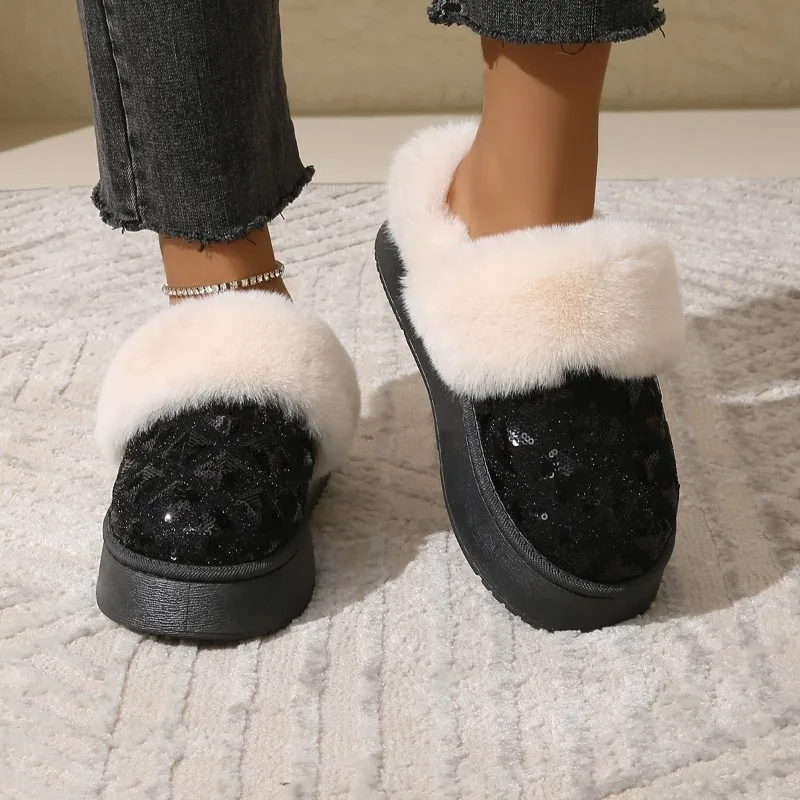 

Winter New Fashion Round Head Solid Color Large Women Cotton Slippers Wearing Thick Sole Comfortable Women's Shoes Zapatos Mujer