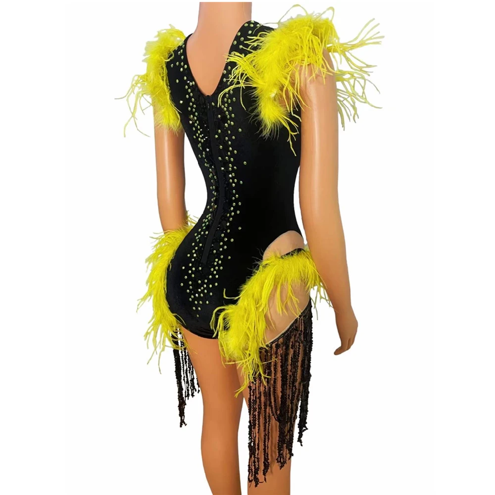 Black Sequin Fringe Yellow Rhinestone Feather Leotard Shining Big Crystals Mesh Sexy Bodysuit Women Nightclub Party Wear Costum