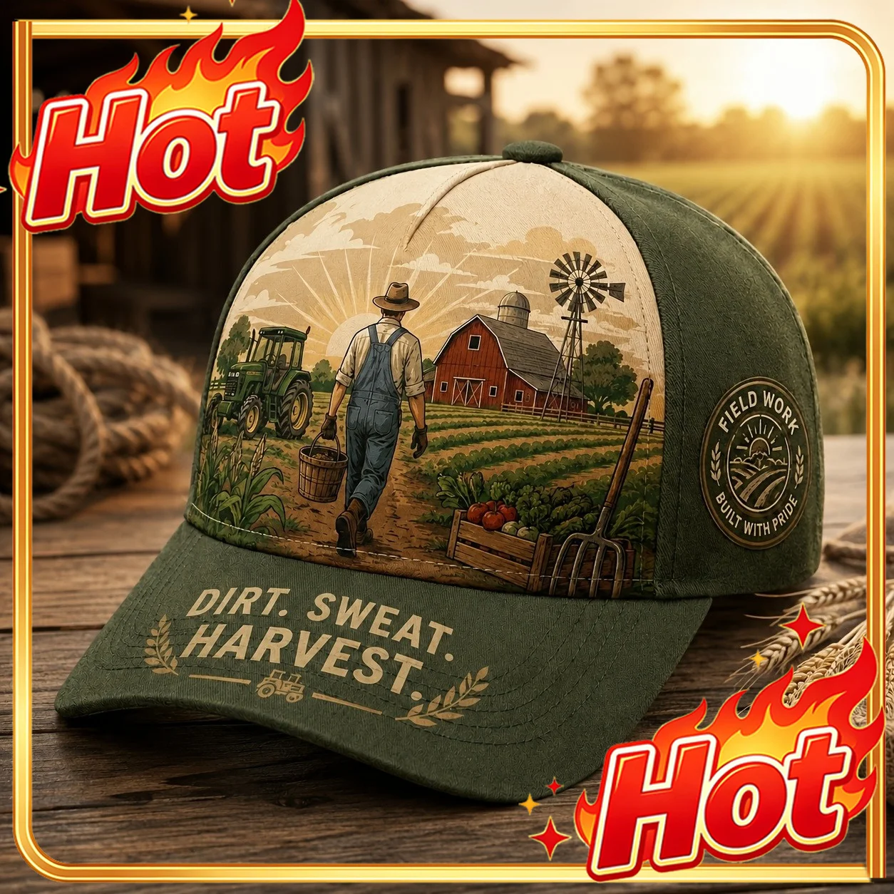 Custom Farmer Special Unisex Vintage Washed Baseball Cap, 'Work The Fields, Build With Heart' Print, Breathable Dual-Use Hat