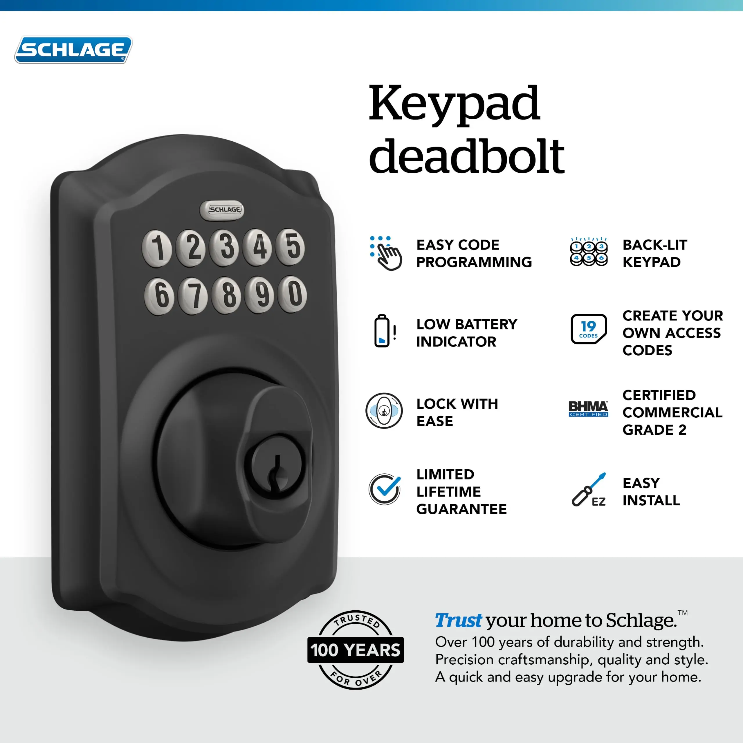 Electronic Keypad Deadbolt Lock, Camelot Trim, Matte Black