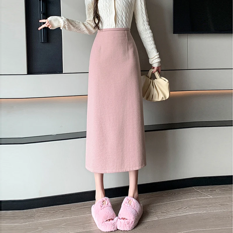 Elegant Office Winter Long Skirts Woman Vintage High Waisted Woolen Split Wrap Bodycon Pencil Skirt Brown Black Pink Skirt Women