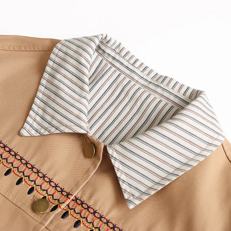 HKSH ربيع الخريف جديد سترة نسائية مطرزة مخطط بدوره إلى أسفل طوق واحدة الصدر جيوب الرجعية شيك معطف قصير HK14378