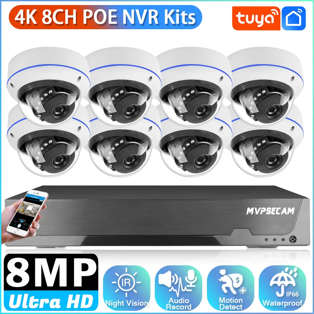 Smart 8CH CCTV Surveillance System Tuya 4K POE NVR Kit H.265 Face Detection Outdoor 8MP Video Security POE Camera System Package