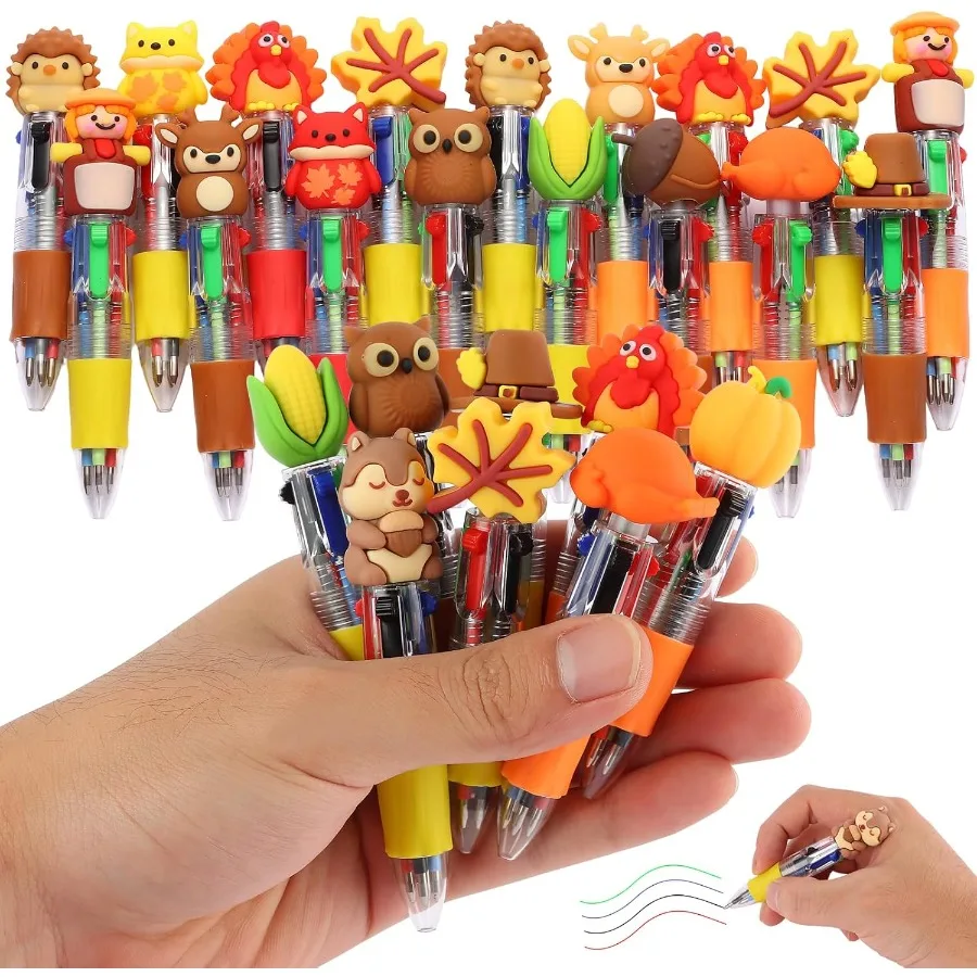 

25 Pcs Thanksgiving Mult Pen in One Cartoon Cute Fun 4in1 Cute Pens Bulk Kawaii Maple Leaves Pumpkins Scarecrows and Turkeys Sh