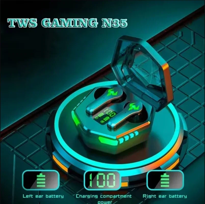 NEW N35 Gaming Earphones Wireless Bluetooth Headset Low Latency Stereo Music Earbuds with Mic LED Display Gamer Headphones