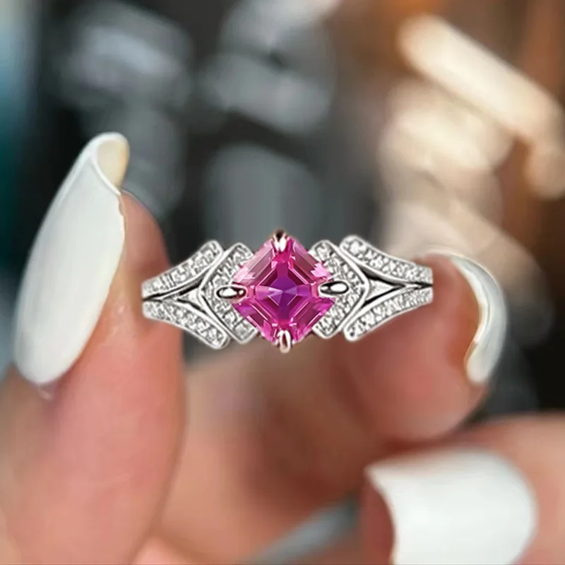Xiaoyan cultivates a new 100% S925 silver 6 * 6mm Aschet powder tourmaline ring with a high-end feel as an anniversary gift