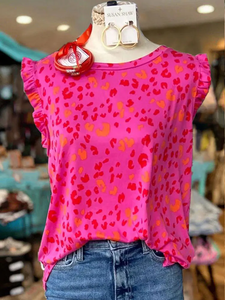 Rosa O-Neck-T-Shirt mit Leoparden muster, lässiges Kurzarm-T-Shirt mit Rüschen für Frühling und Sommer, Damen bekleidung