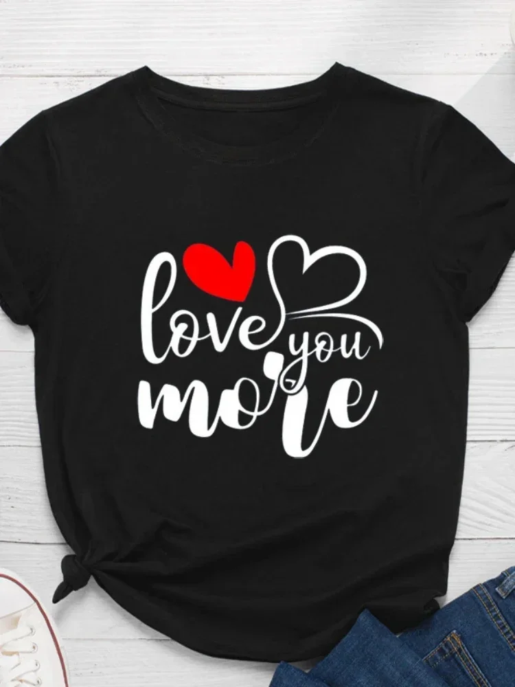 

Свободная женская футболка с круглым вырезом, женская футболка, топы, одежда Love You More, женская футболка с принтом сердца, с коротким рукавом
