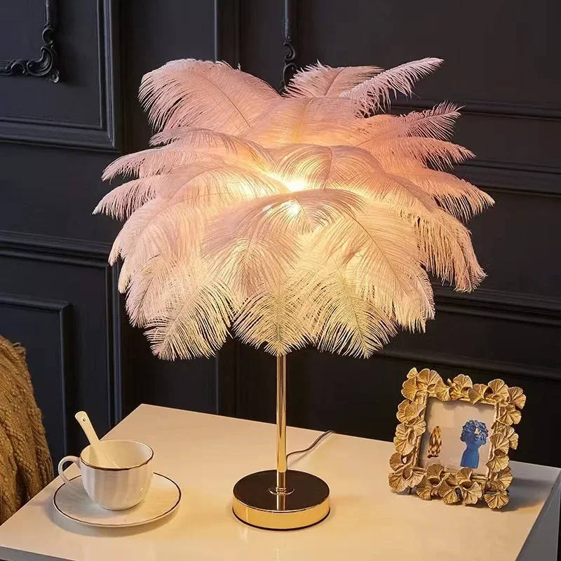 Modern nordic feather tree lamp ostrich feather table pink white bedside lamps romantic feather table lamp for wedding