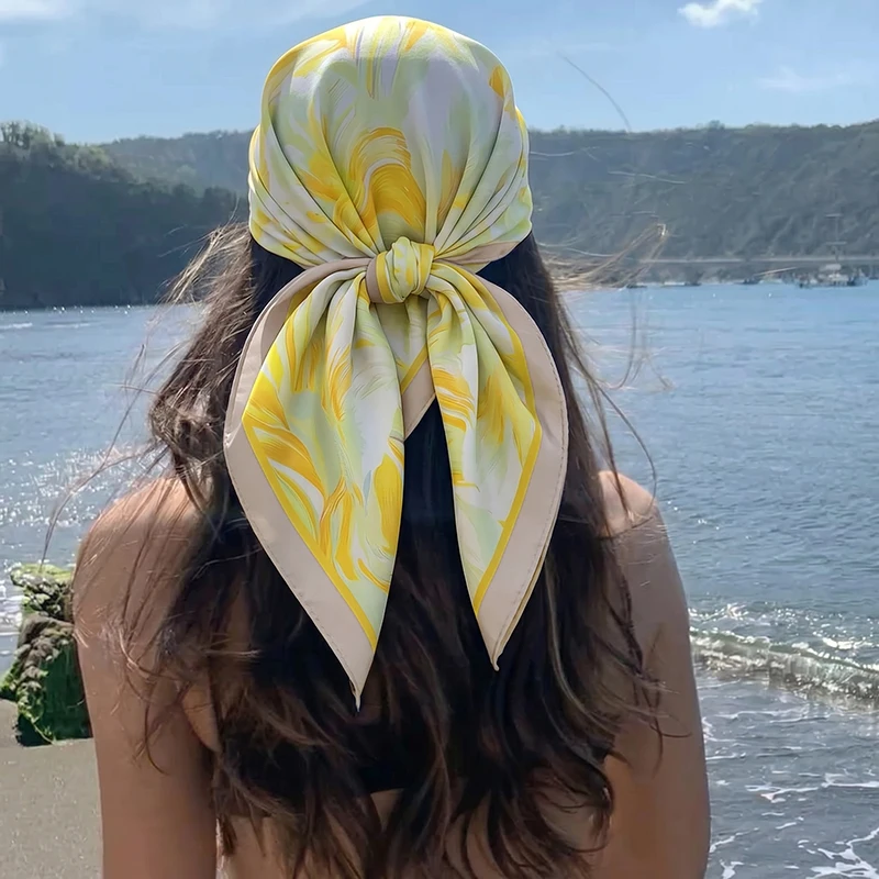 Vintage Silk Square Scarf Soft Sun Block Hijab Abstract Botanical Bandana Beach Outing Hair Neck Wrap Bag Accessory for Women