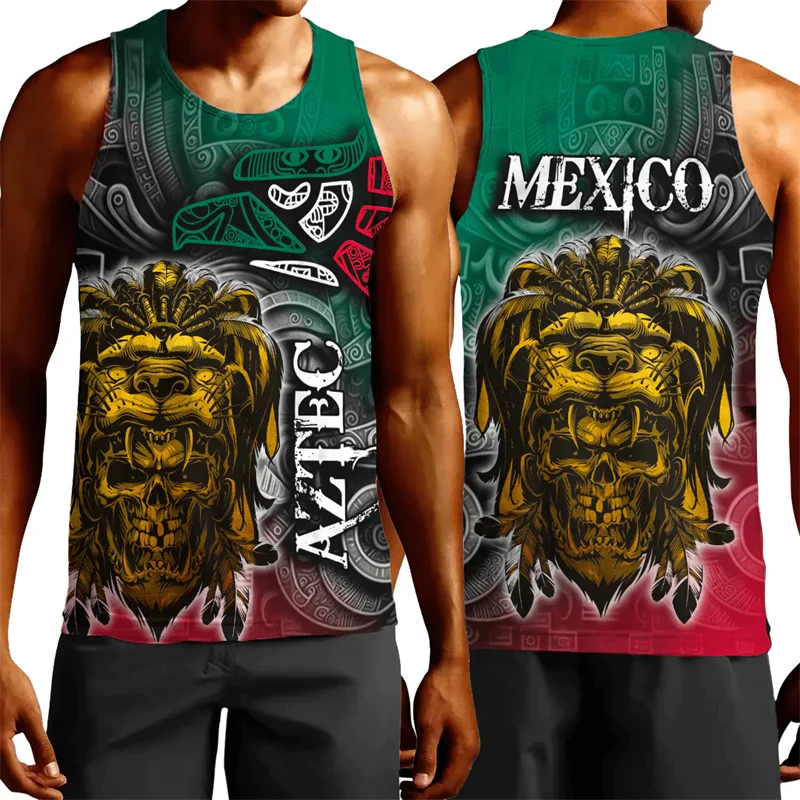 Mexico Flag Map 3D Printed Beach Tank Top For Men Clothes Aztec Warrior Eagle Quetzalcoatl Vest  National Emblem Male Waistcoat