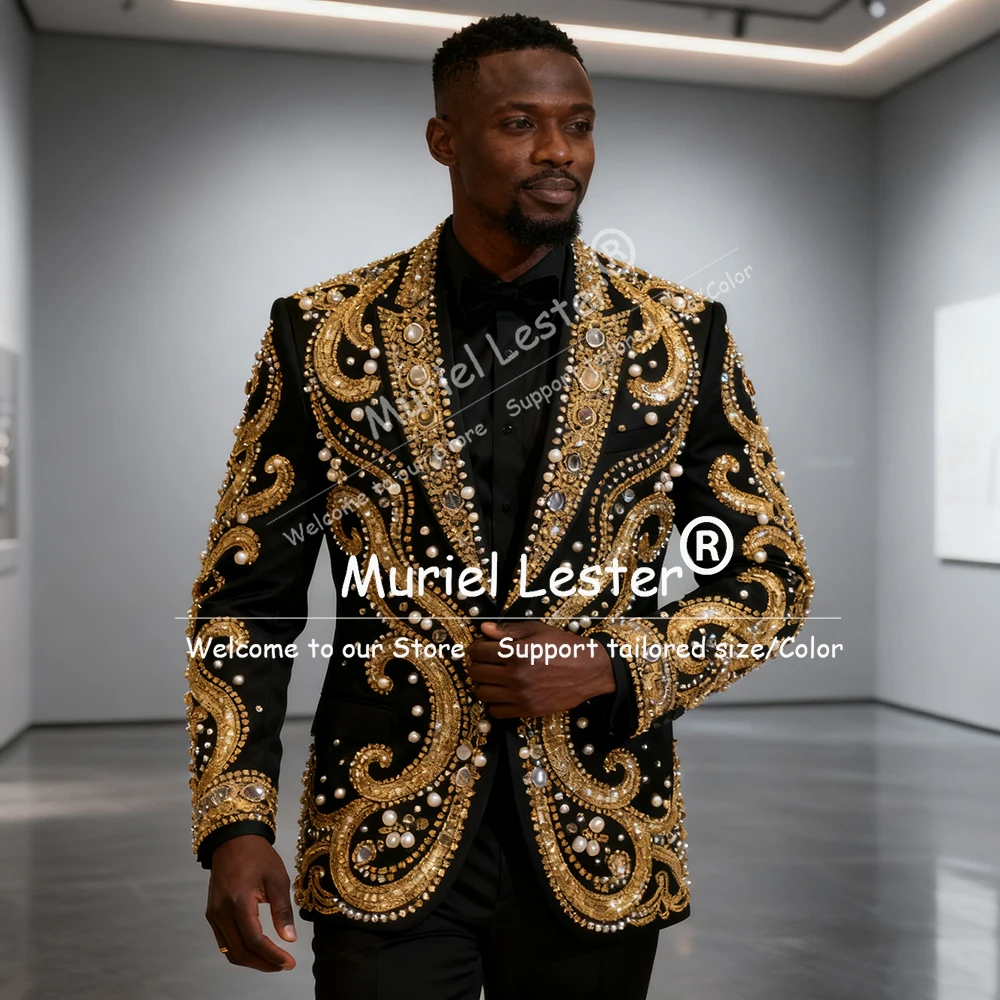 

Сверкающие костюмы с кристаллами из бисера, мужские свадебные костюмы ручной работы с жемчугом, пиджак для выпускного вечера, индивидуальный комплект из 2 предметов, смокинг для жениха, мужской банкетный наряд