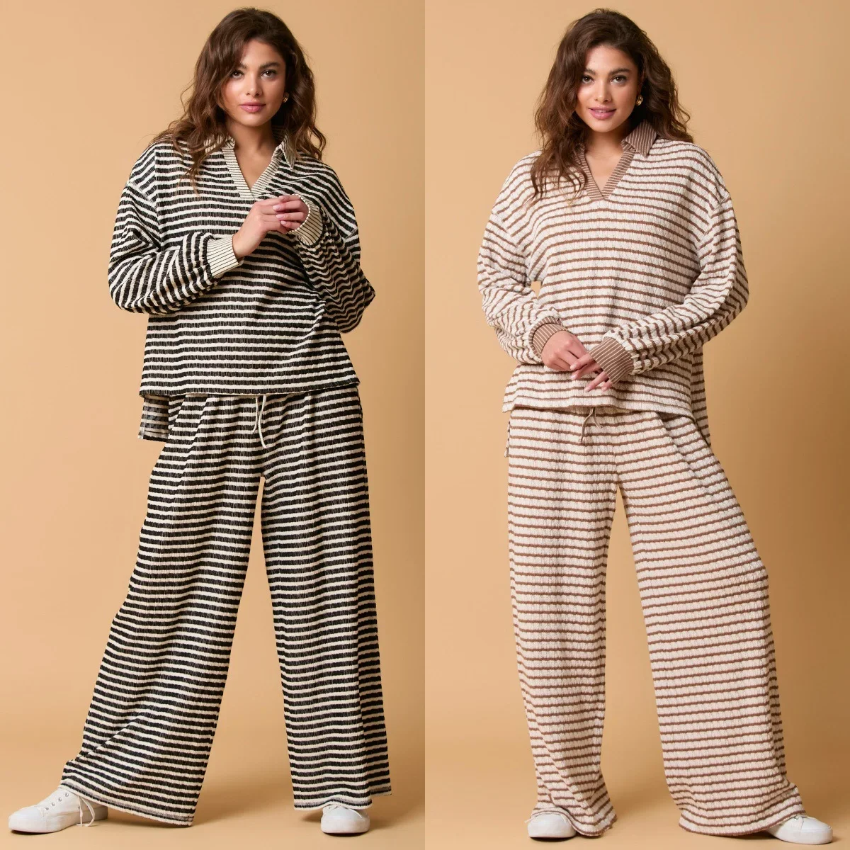 

Women Two Piece Sets Pant Set Striped Full Sleeve V Neck Tops Elastic Waist Wide Leg Long Pants Casual Loose Elegant Tracksuit