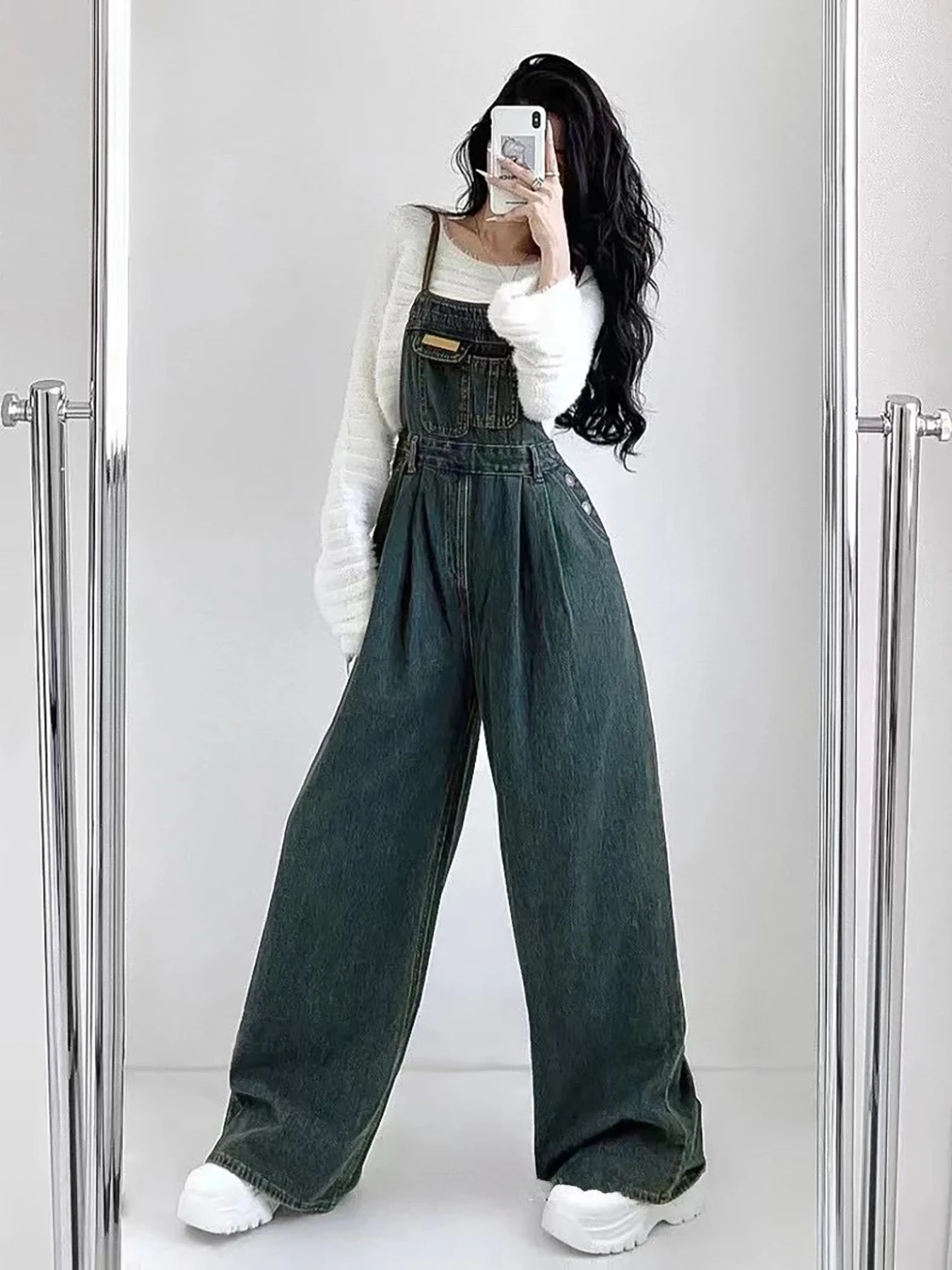 American Retro Denim Overalls Women's Autumn Winter Loose Slim Wide Leg Pants Lazy Style Loose Straight One-Piece Suit
