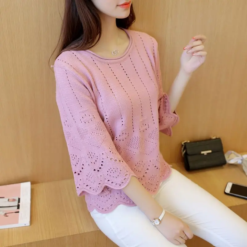 Autumn Fashion Korean Hollow Out Pullover Knitting Shirt Women New High-quality Ruffle Sleeve O-collar Loose All-match Sweaters